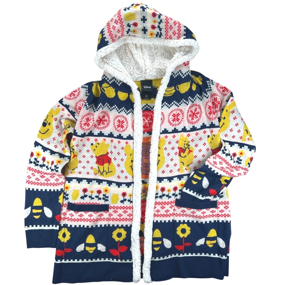 Hot Topic Disney Winnie the Pooh Cardigan Women SM Blue Fair Isle Sherpa Hood - Picture 2 of 15
